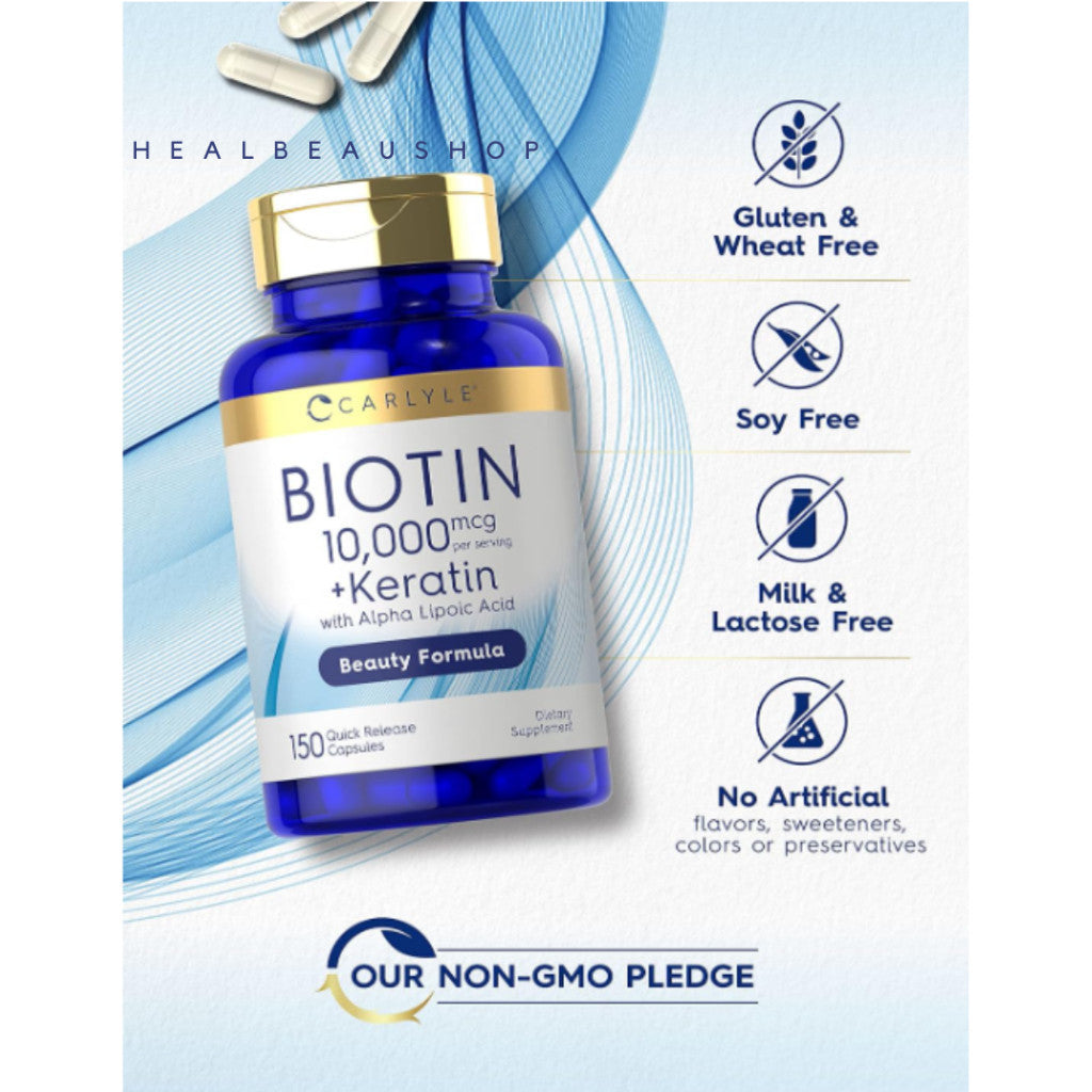 Carlyle Biotin 5,000mcg / 10,000mcg + Keratin & Alpha Lipoic Acid – 150 Capsules | Hair, Skin & Nail Support | Original USA Product