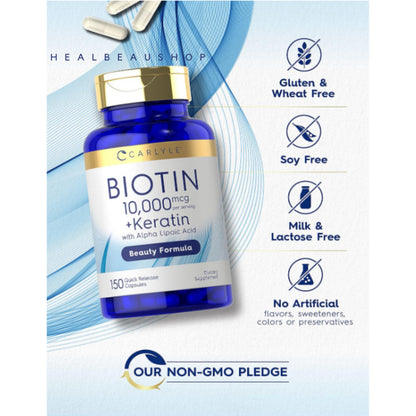 Carlyle Biotin 5,000mcg / 10,000mcg + Keratin & Alpha Lipoic Acid – 150 Capsules | Hair, Skin & Nail Support | Original USA Product